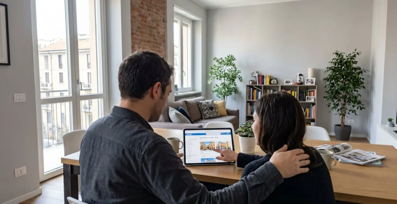 Coppia consulta piattaforma valutazione immobiliare su tablet seduti a tavolo in appartamento Milano