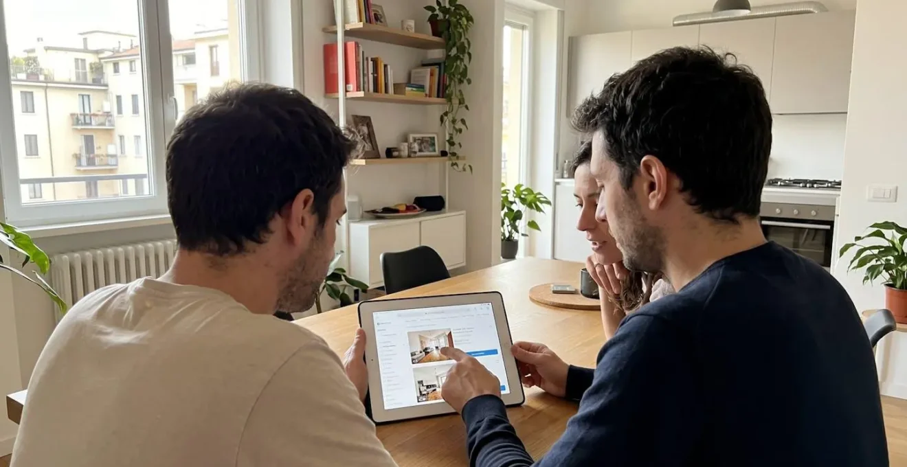 Coppia consulta piattaforma valutazione immobiliare su tablet seduti a tavolo in appartamento Milano