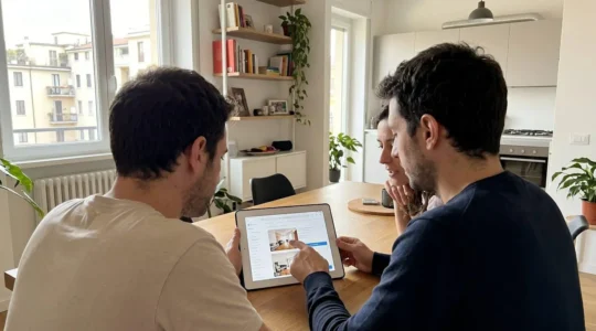 Coppia consulta piattaforma valutazione immobiliare su tablet seduti a tavolo in appartamento Milano