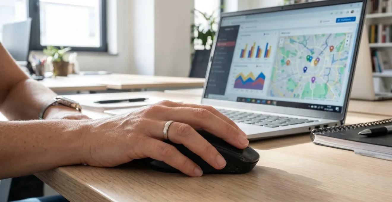 Persona consulta dashboard valutazione immobiliare online su computer con mano su mouse