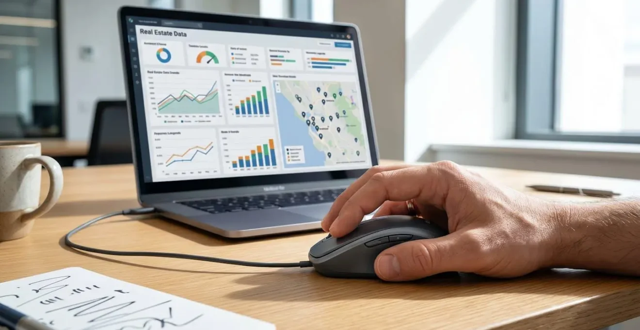 Persona consulta dashboard valutazione immobiliare online su computer con mano su mouse