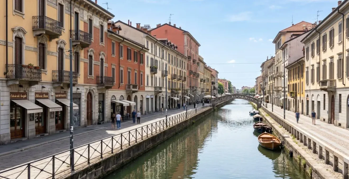 Quartiere Navigli Milano veduta urbana con canale e architettura liberty contemporanea europea