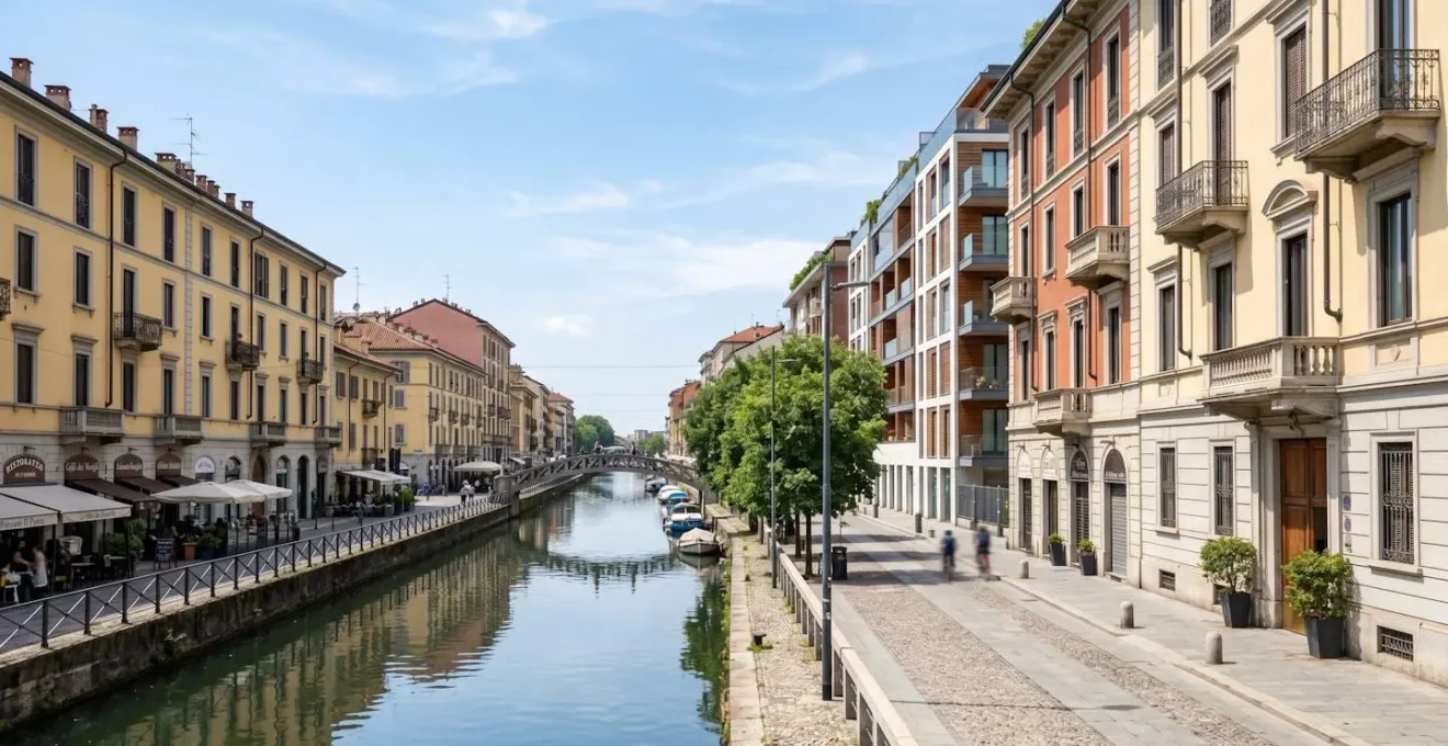 Quartiere Navigli Milano veduta urbana con canale e architettura liberty contemporanea europea